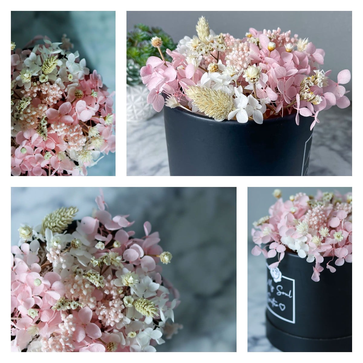 Hortensien Blumen Blumenbox Box Geschenk Rosenbox Trockenblumen Hochzeit Geburt Firma Firmengeschenk Name Schrift personalisiert Wunsch einzigartik Unikat Blüten Blumen Bouquet