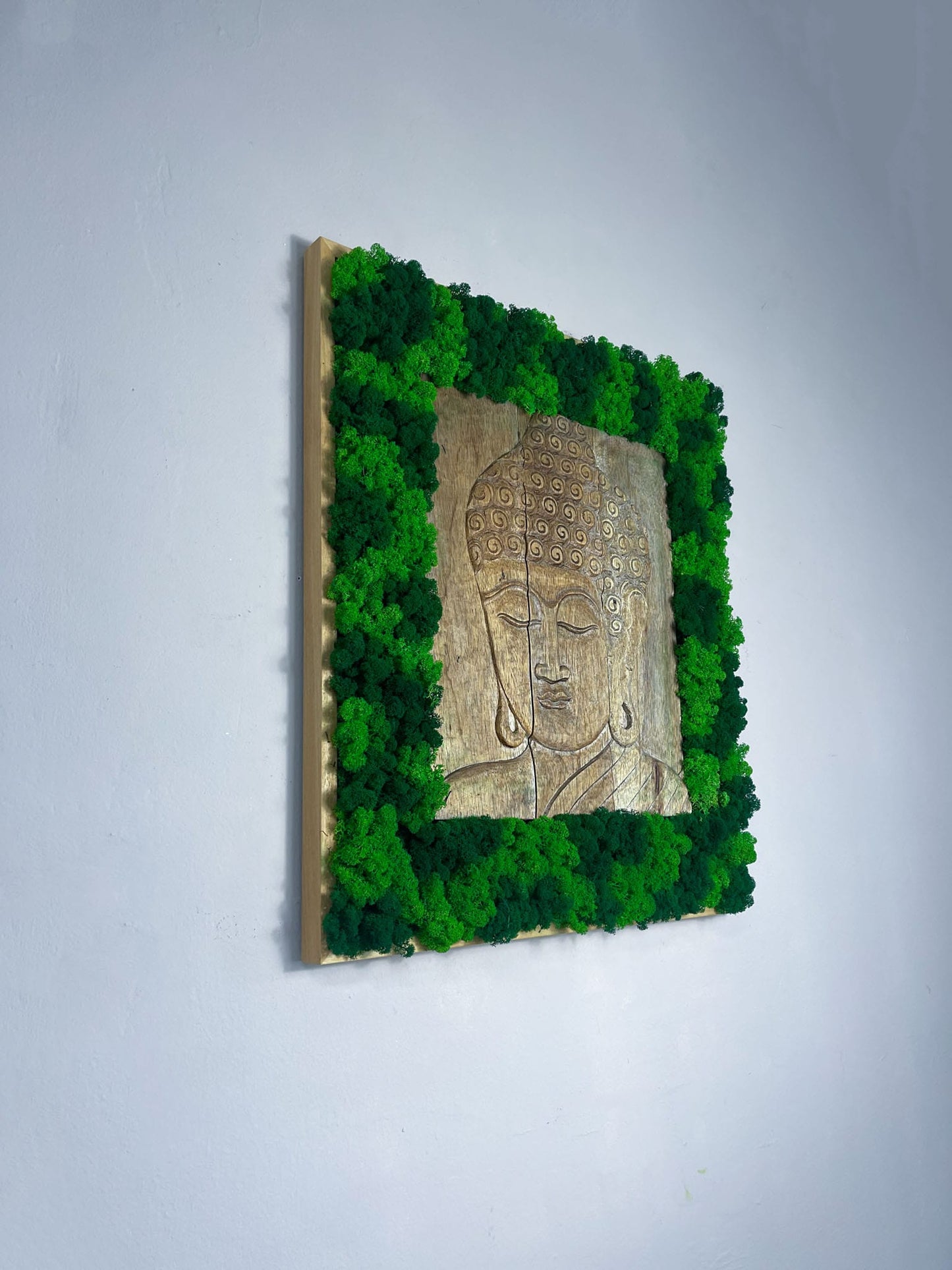 Geschenk Rahmen modern moos Moosbild Hellgrün Grün Natur Moosbilder Mooswand Pflanzen Pflanzenbild Flachmoos Waldmoos Muttertag Geburtstag Wohnung Wand Deko Dekoration Islandmoos Rentiermoos Kombi Holtbrett Holzpaneele Buddha Zen Lehre Yoga Einrichtung Halle Studio Büro Home Office beruhigend beruhigen biophelic