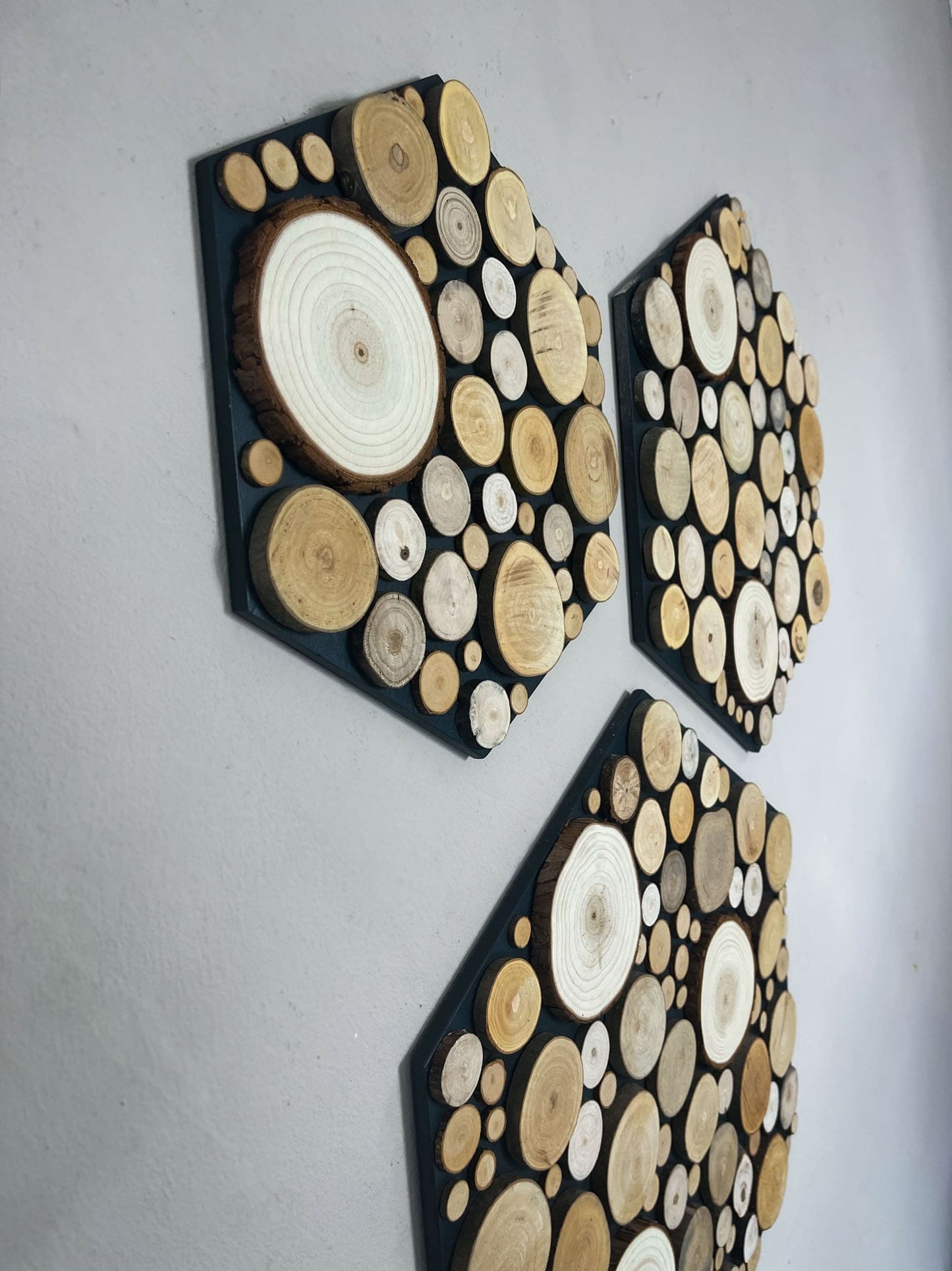 Baumscheiben Astscheiben Wanddekoration Wandpaneel Wandpaneele Deko Bild Gemälde Wandkust Wandbild Baumscheibe Baumringe Farben Bilder Landhaus Shabby Chick Baum Holz Holzsacheibe Büro Wohnung Zimmer Baumstamm Rund natur Wabe Hexagon Gedankenwunder