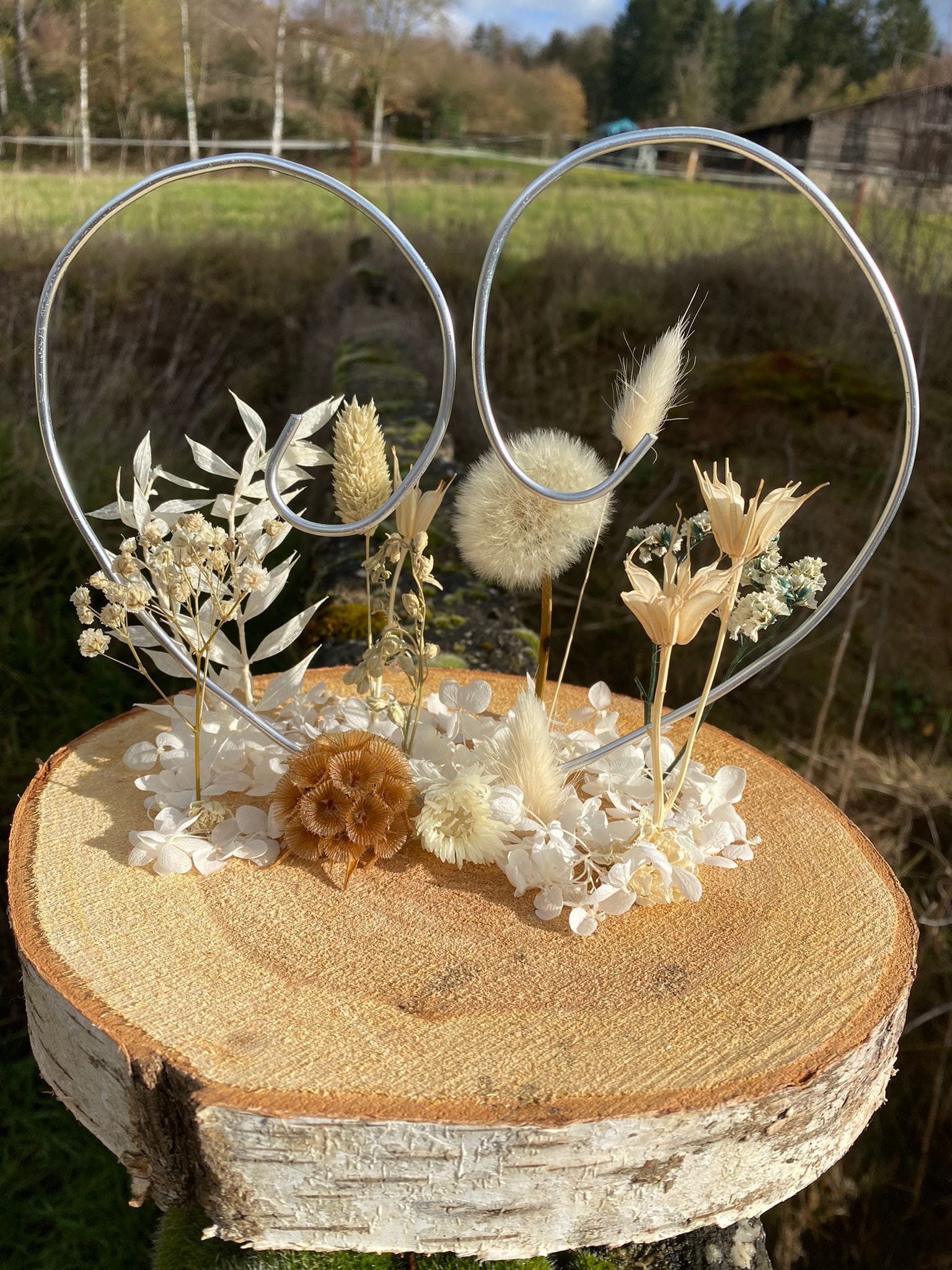 draht aufbewahrung Ringhalter "Dandelion Wish" mit Birke Baumscheibe und Trockenblumen für Hochzeit oder Dekoration in weiß