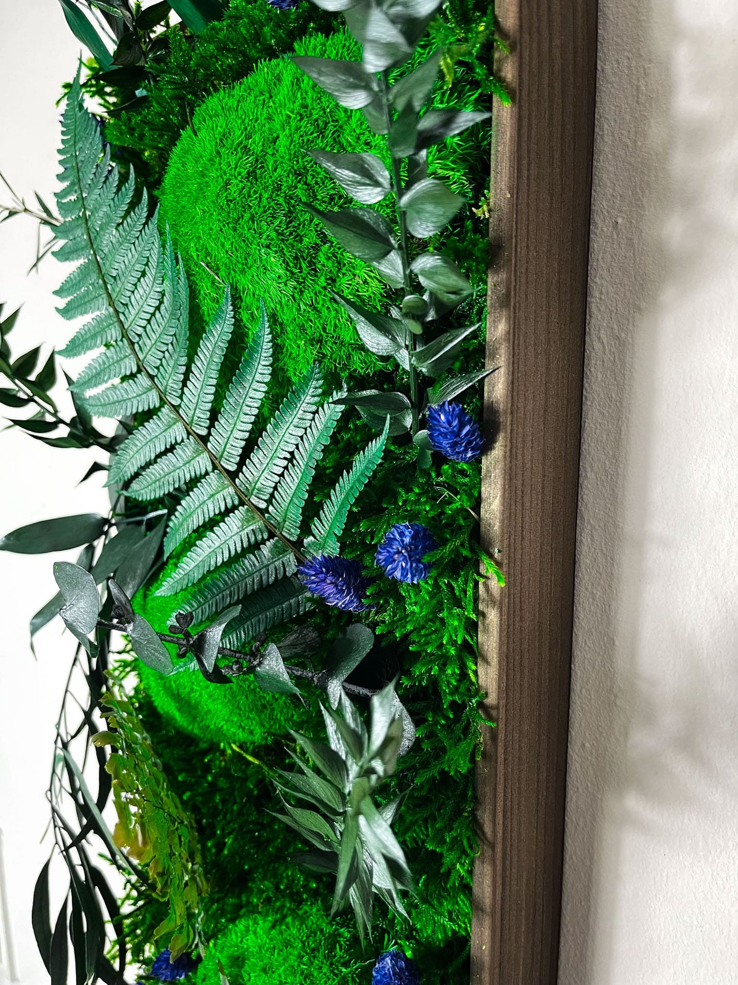 Geschenk Rahmen modern moos Moosbild Hellgrün Grün Natur Bollenmoos Moobilder Mooswand Pflanzen Pflanzenbild Flachmoos Waldmoos Muttertag Geburtstag Wohnung Rechteck blaue Ranken Ranke blau Blüte Blume Blumen Blüten Farnblatt Wasserfall Hügel Hügelmoos Ballmoos