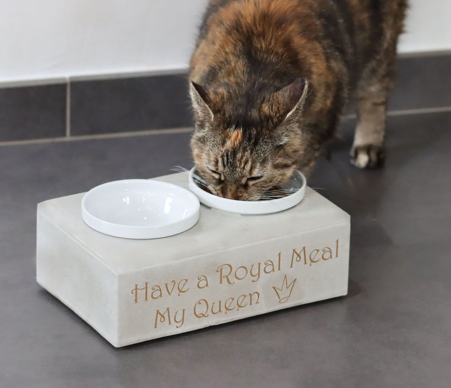Hund Futterbar Hundeglück Tier Katze Beton Napf Symbol Schrift Schriftzug personalisiert Name Futterstation Schalen Beton Schale Bar Futter Napf Napfstation Hunde weiß grau cat Tierbedarf zoo Tiernahrung Hundefutter Katzenfutter