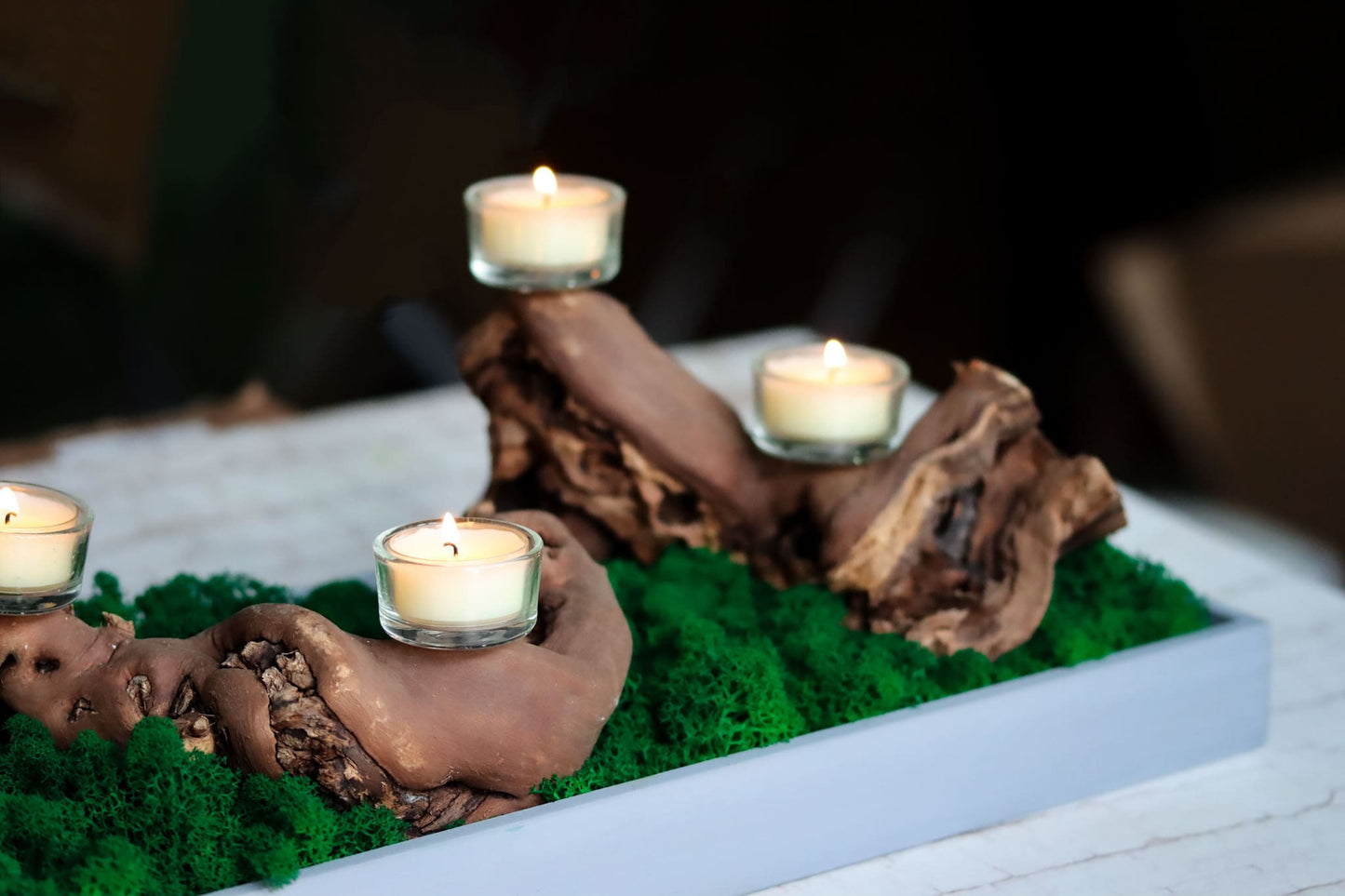 Geschenk Rahmen modern moos Moosbild Hellgrün Grün Natur Moobilder Mooswand Pflanzenbild Muttertag Geburtstag Wohnung Wand Deko Dekoration Islandmoos Rentiermoos innen grün Wald Innenraum Deko Dekoration Kerze Kerzenhalter Tablett Wurzel Holzwurzel Treibholz Teak Kerze Teelicht Wachs Kerzenlicht Tischdeko Tischdekoration Wurzeldeko Glas