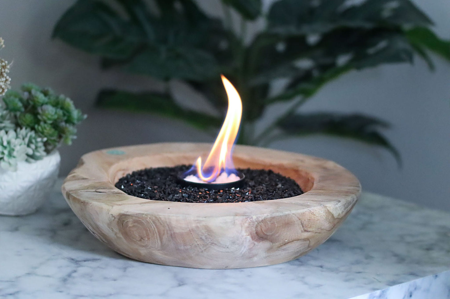 rund Holz Teak Ethanol Outdoor Indoor Innenbereich Wintergarten Zimmer Feuer Feuertopf Deko Gartendeko Dekoration Deckel Soja Wachs Sojawachs nachhaltig vegan Geschenk Geburtstag Lagerfeuer Flamme Kerzenlöscher Tischkerze Kerze Gartenfackel Nachhaltig