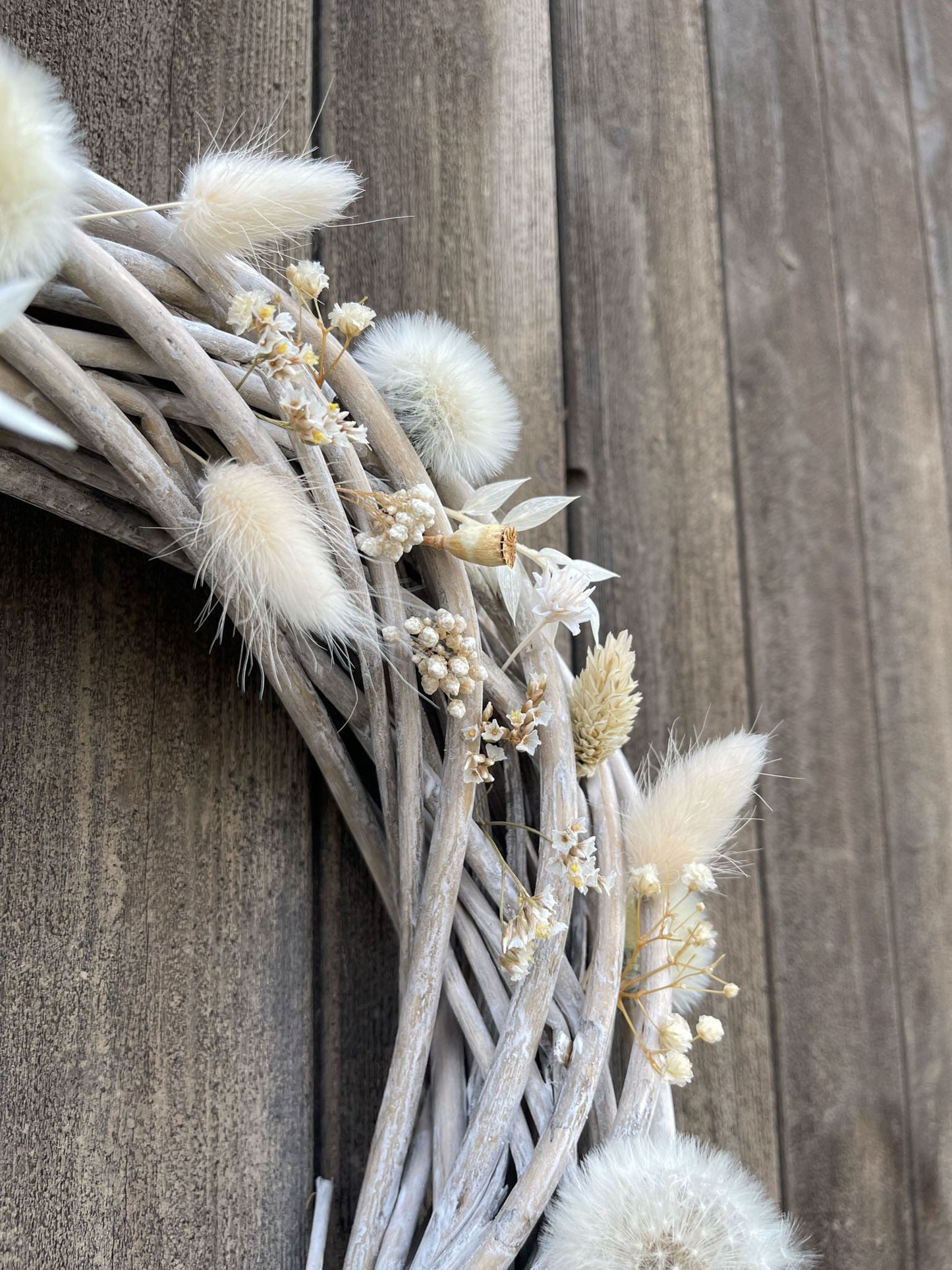 Wunscherfüller Pusteblume Pusteblumen Kranz Weidenkranz Weide Türkranz Deko Türdeko Fensterdeko Fenster Dekoration weiß Trockenblumen Blumen Blume konserviert creme
