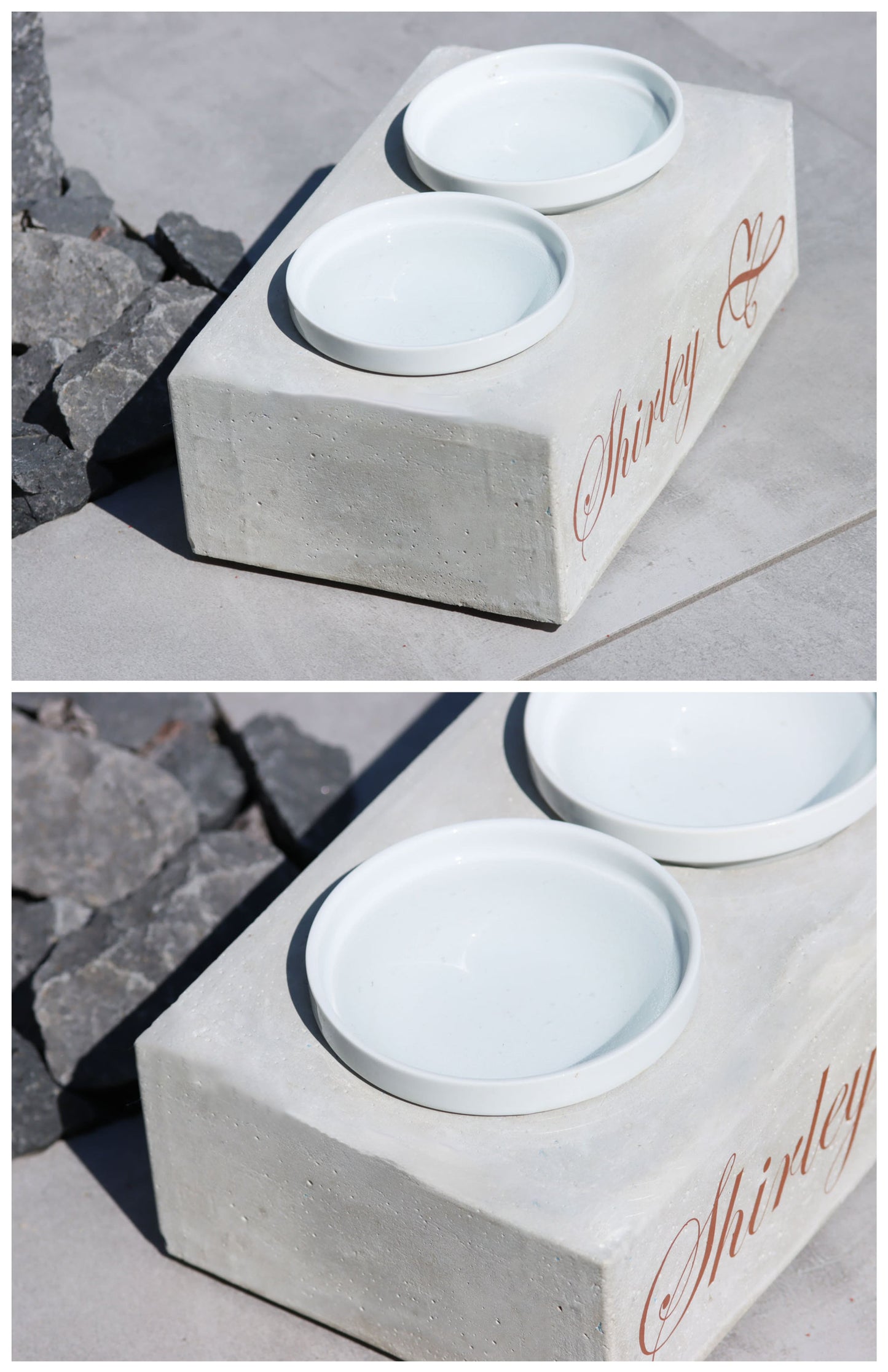 Hund Futterbar Hundeglück Tier Katze Beton Napf Symbol Schrift Schriftzug personalisiert Name Futterstation Schalen Beton Schale Bar Futter Napf Napfstation Hunde weiß grau nordic Minimalismus Wunsch Keramik Porzellan Tier Futterstation Zement Betonbar Gedankenwunder