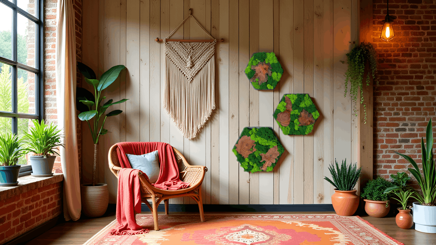 Hexagon Gedankenwunder Sechseck Wabe Einrichtung Olivenholz Olive Olivenholzplatte Holzscheibe Wurzelscheibe Wurzelscheiben Baumwurzel Dekoration Wanddeko Rahmen Moosbild Moos Islandmoos Rentiermoos Mooswand Pflanzenbild ad Urban Badezimmer