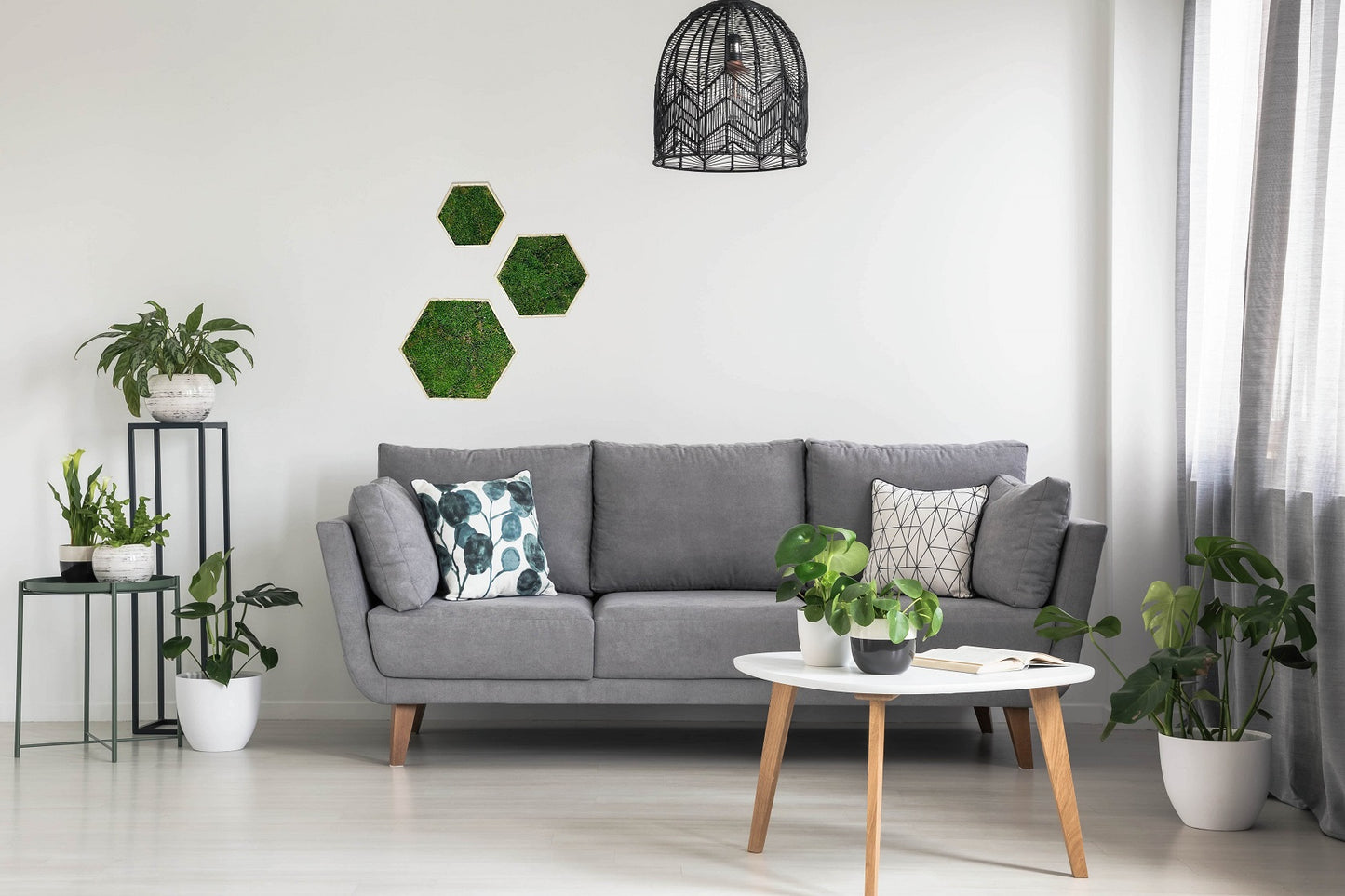 Moosbild Moos Hexagon Sechseck Bild Flachmoos grün green Restaurant Wohnzimmer Küche Praxis Büro Eiche Eichehell Natur Naturgeölt schwarz weiß Nussbaum steingrau Bilderrahmen Wunschfarbe Wunsch wish colour