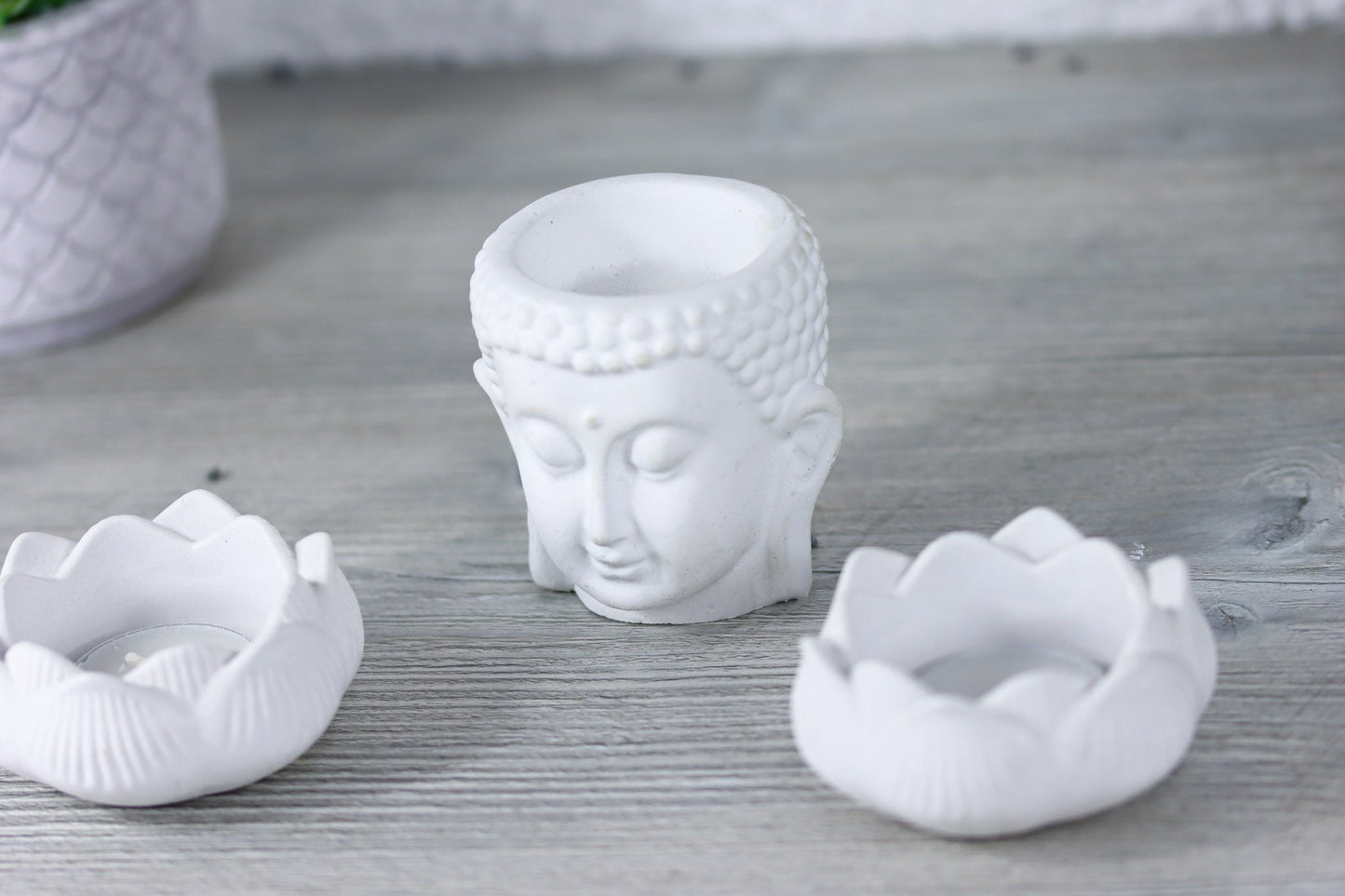 Beton weiß white Zen Garten garden asian deko homedecor decoration decor Buddha Lotusblüten Lotus blossom Teelichthalter candleholder Duftöl meditation Zengarten concrete Set Yoga relax Balkon Terrasse Wohnzimmer Asia