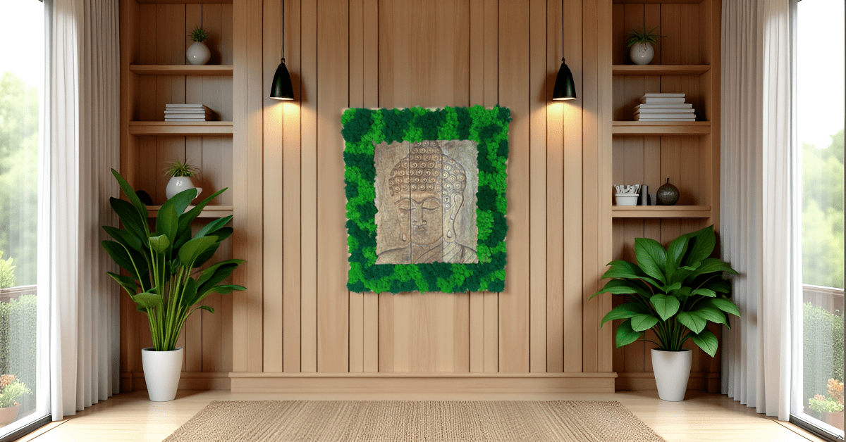 Geschenk Rahmen modern moos Moosbild  Hellgrün Grün Natur Moosbilder Mooswand Pflanzen Pflanzenbild Flachmoos Waldmoos Muttertag Geburtstag Wohnung Wand Deko Dekoration Islandmoos Rentiermoos Buddha Holz Stück Zen Yoga Laden Einrichtung studio Praxis zen 
