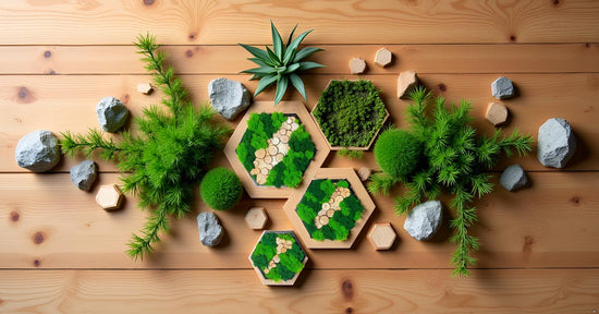 Islandmoos Baumscheiben Baumscheiben Ming Farn Hexagon Wabe Sechseck Rentiermoos Hellgrün Leuchtgrün Wanddeko Dekoration Einrichtung Steine Stein Holzvertäfelung Akustik Akustipaneele Paneele