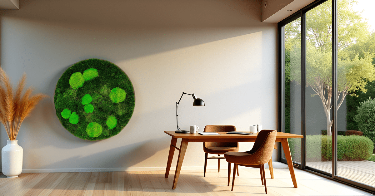 Geschenk Rahmen modern moos Moosbild  Hellgrün Grün Natur Moosbilder Mooswand Pflanzen Pflanzenbild Flachmoos Waldmoos Muttertag Geburtstag Wohnung Wand Deko Dekoration Islandmoos Rentiermoos Ast Teak Treibholz innen grün Wald Innenraum Deko Dekoration verschwungen geschwungen Baum Lebensbaum Leben Dekoast Äste rund kreis Home office Büro Schreibtisch Stuhl Lampe Einrichtung modern rustikal