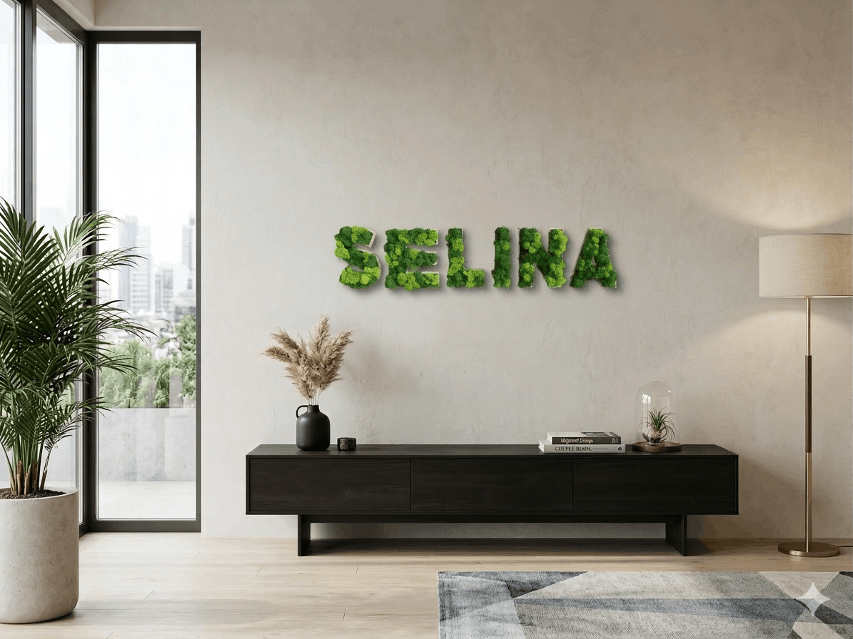 Moos Moosbild Grün Island Islanmoos Buchstabe Buchstaben Name Wort Schrift MDF Holz Farben Wand Wanddeko Dekoration Bild Gemälde Alphabet Moosbild Moosbilder Rentiermoos Schriftzug 3D Schrift Firma Gewerbe Einrichtung