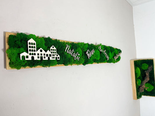 Personalisieren Name Wunsch Datum zu Hause Haus individuell Willkommen Willkommensparty personalisiert Hauseinweihung Hauseingang Flur Familie Kinder Eltern Geschenk Rahmen modern moos Moosbild  Hellgrün Grün Natur Moosbilder Mooswand Pflanzen Pflanzenbild Flachmoos 
