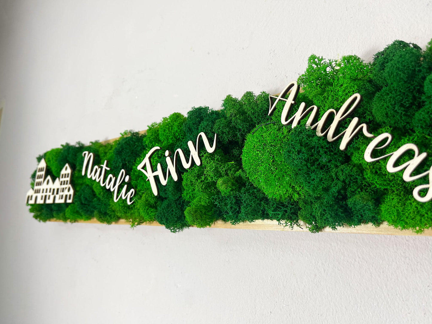 Personalisieren Name Wunsch Datum zu Hause Haus individuell Willkommen Willkommensparty personalisiert Hauseinweihung Hauseingang Flur Familie Kinder Eltern Geschenk Wand Deko Dekoration Islandmoos Rentiermoos Home Office Einrichtung Laden Ladenzeile Lang langes moosbild Rechteck Pflanzenwand Mooswand Design Praxis Zahnarzt 