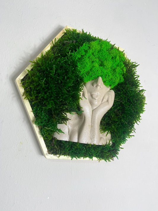 Moosbild Moosbilder Rahmen Sechseck Wald Wabe Haar Haare Haarfrisur Pflanzen im Kopf Hexagon Islandmoos Rentiermoos modern Skulptur Deko Objekt Dekoobjekt