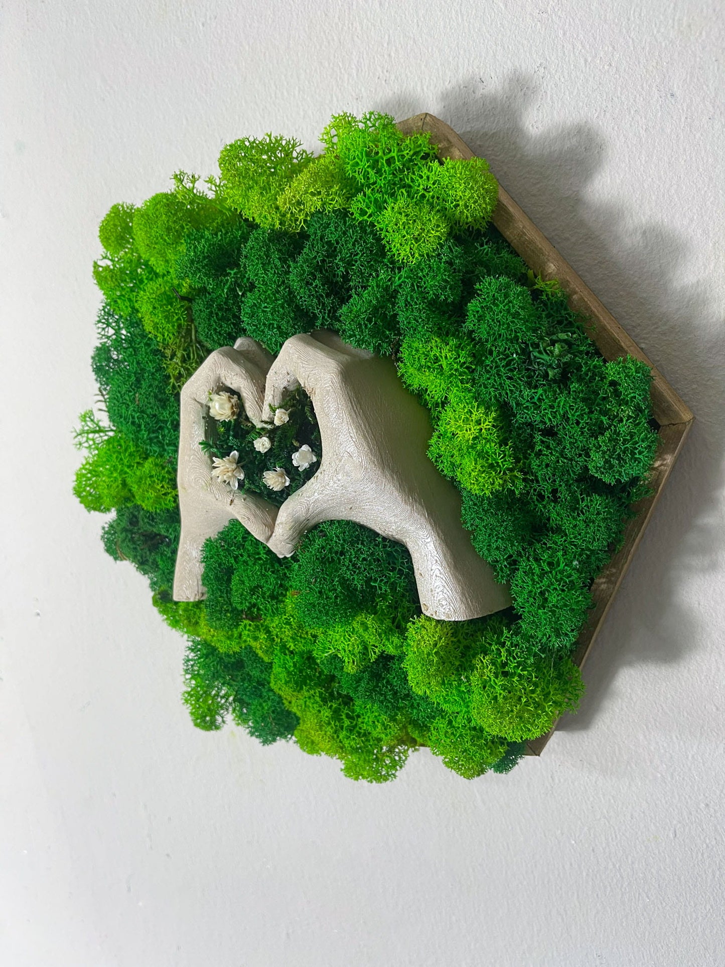Geschenk Rahmen Rechteck Islandmoos moos Moosbild Rentiermoos Hellgrün Grün Natur Bollenmoos Flachmoos Waldmoos Muttertag Geburtstag Wohnung Blumen Herz Geste Hexagon Wabe Sechseck