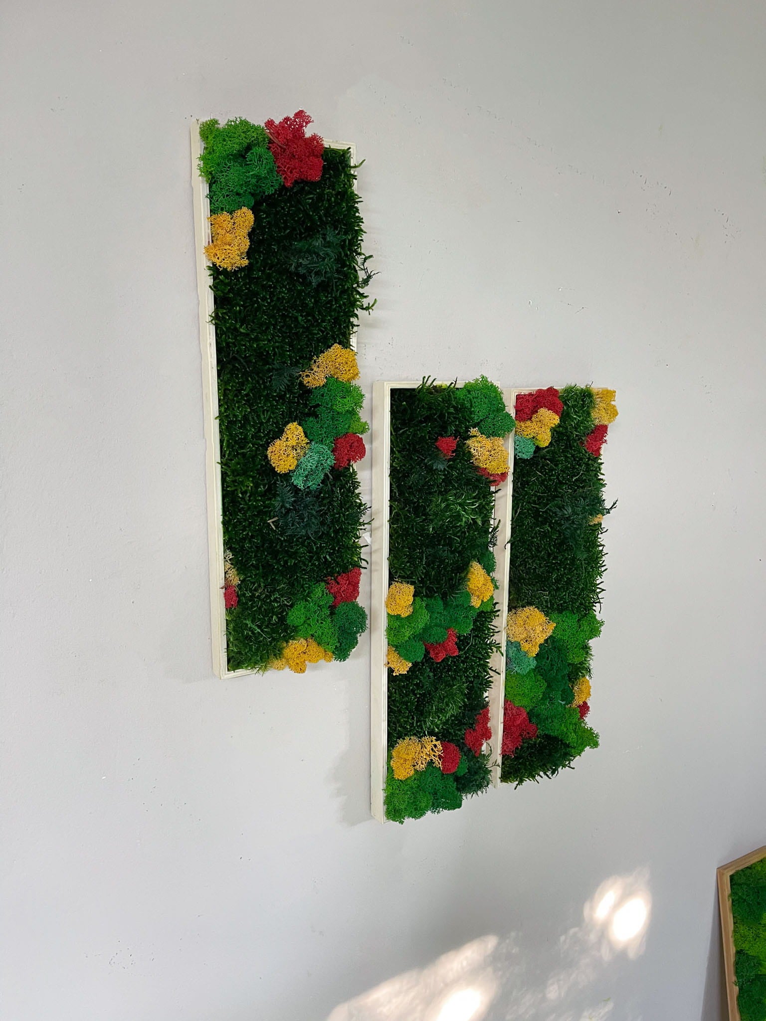 Moosbild Moosbilder Mooswand Mooskunst Naturdeko Wanddeko Wandgestaltung Naturmaterialien Natur Kunst Begrünung Grünpflanzen Raumgestaltung Interior Design nachhaltige Deko natürliche Dekoration Skandinavisch minimalistisch Biophilic Design Laden Einrichtung Gewerbe