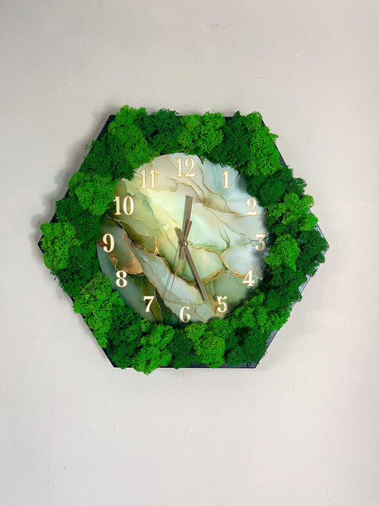 Geschenk Rahmen modern moos Moosbild  Hellgrün Grün Natur Moosbilder Mooswand Pflanzen Pflanzenbild Flachmoos Waldmoos Muttertag Geburtstag Wohnung Wand Deko Dekoration Islandmoos Rentiermoos Hexagon Sechseck Wabe Uhr flüsterleise leise Wanduhr Einrichtung Gewerbe Praxis Silent