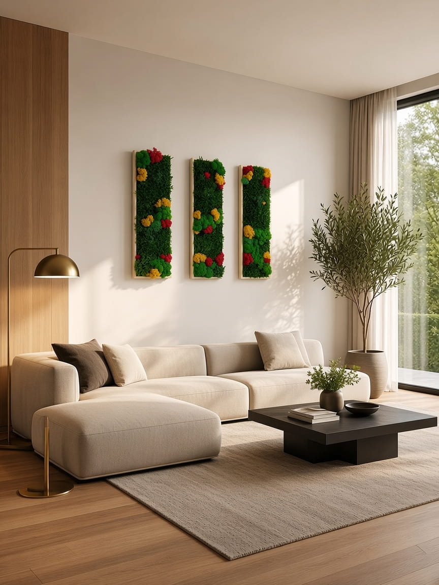 Moosbild Moosbilder Mooswand Mooskunst Naturdeko Wanddeko Wandgestaltung Naturmaterialien Natur Kunst Begrünung Grünpflanzen Raumgestaltung Interior Design nachhaltige Deko natürliche Dekoration Skandinavisch minimalistisch Biophilic Design Wohnung Einrichtung rot gelb