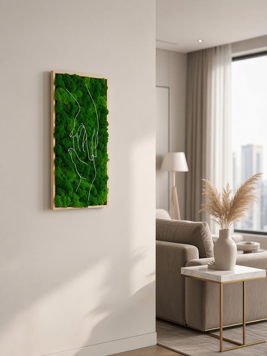 Moosbild Wanddeko Naturdeko Wandkunst Handgemacht Wohndesign Interior Design Mooskunst Holzrahmen Naturinspiration Verbundenheit Liebe Harmonie Geschenkidee Wohnzimmerdeko Moderne Wanddeko Nachhaltiges Design Boho Style Minimalismus Raumgestaltung Unikat Handmade Dekoration Grünpflanzen Wohnaccessoires Kunsthandwerk spa deko Bürodeko Tisch Trockenblumen Hand Hände Kirche Christ zusammen gläubig Deko