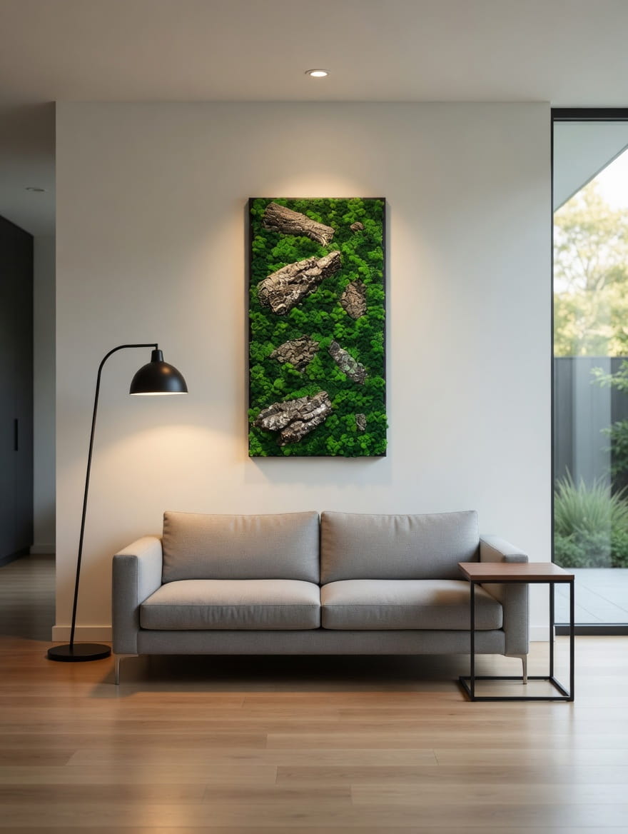 Geschenk Rahmen modern moos Moosbild Natur Moosbilder Mooswand Pflanzen Pflanzenbild  Waldmoos Muttertag Geburtstag Wohnung Wand Deko Dekoration Islandmoos Rentiermoos Rahmen Rechteck Rinde Baumrinde Detail Makro Flechte Einrichtung einrichten Wohnhaus Design einzigartig Unikat