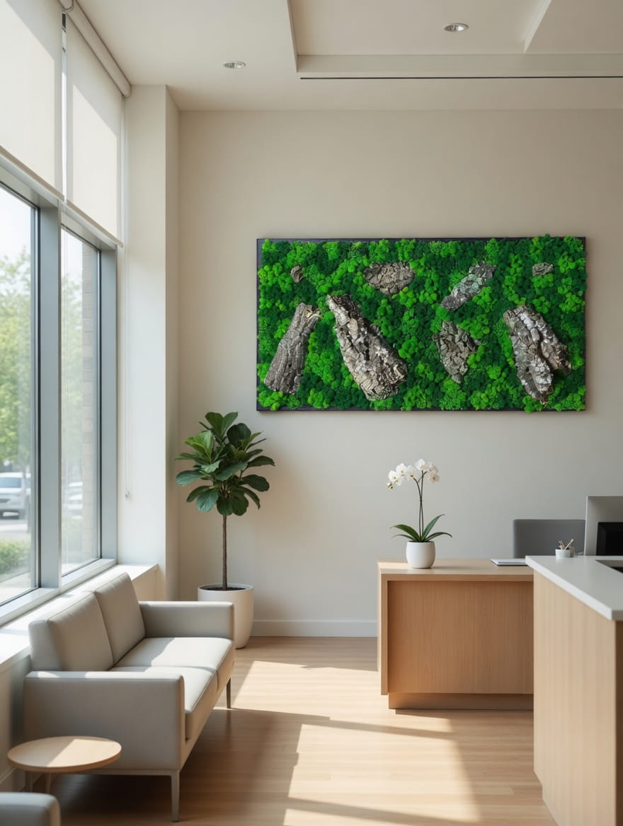 Rahmen modern moos Moosbild Natur Moosbilder Mooswand Pflanzen Pflanzenbild  Waldmoos Geburtstag Wohnung Wand Deko Dekoration Islandmoos Rentiermoos Rahmen Viereck Rechteck Rinde Baumrinde Detail Makro Praxis Gewerbe Einrichtung Laden einrichten Immobilie Design 