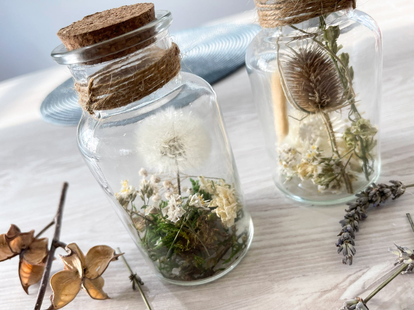 Glasflasche Glas Flasche Trockenblumen driedflowers Kork Naturgarn nature Natur fairy fairycore Fee homedeco decoration Deko handmade handgefertigt Geschenkidee Pusteblume Dandelion wildekarde creme white weiß Tischdeko