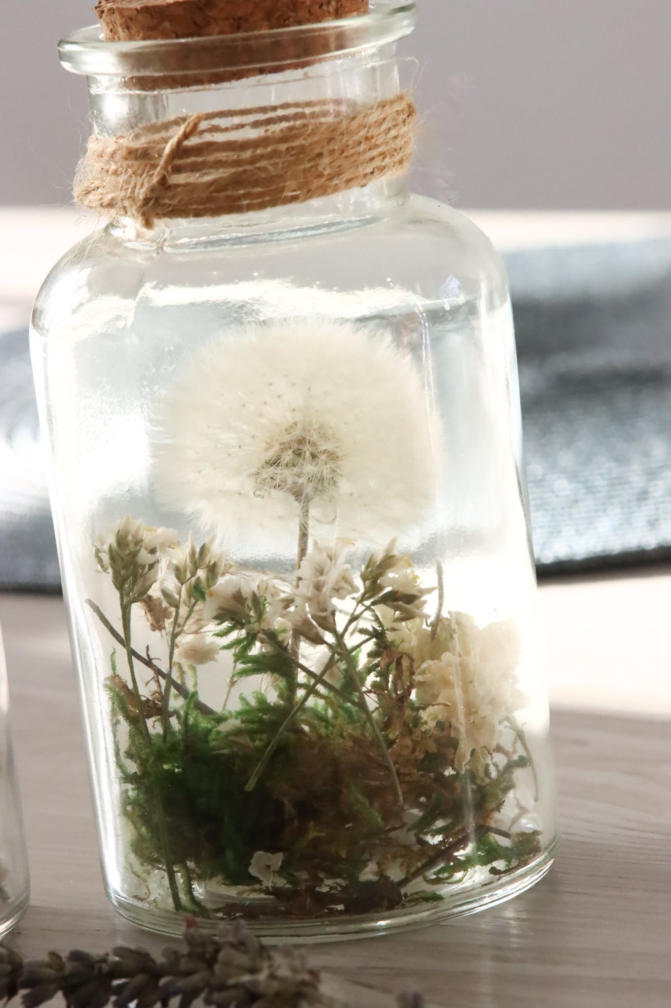 Glasflasche Glas Flasche Trockenblumen driedflowers Kork Naturgarn nature Natur fairy fairycore Fee homedeco decoration Deko handmade handgefertigt Geschenkidee Pusteblume Dandelion creme white weiß Tischdeko