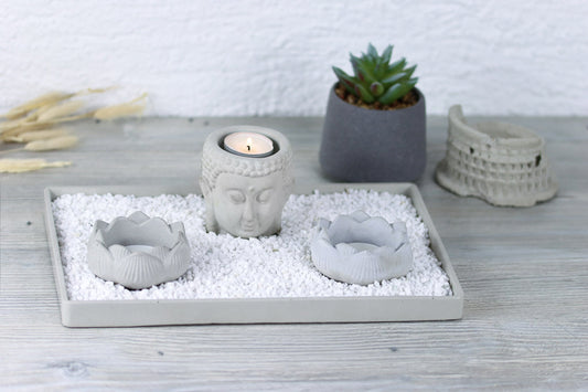 Beton grau grey Zen Garten garden asian deko homedecor decoration decor Buddha Lotusblüten Lotus blossom Teelichthalter candleholder Duftöl meditation Zengarten concrete Set Yoga relax Dekorsteine Balkon Terrasse Wohnzimmer Asia