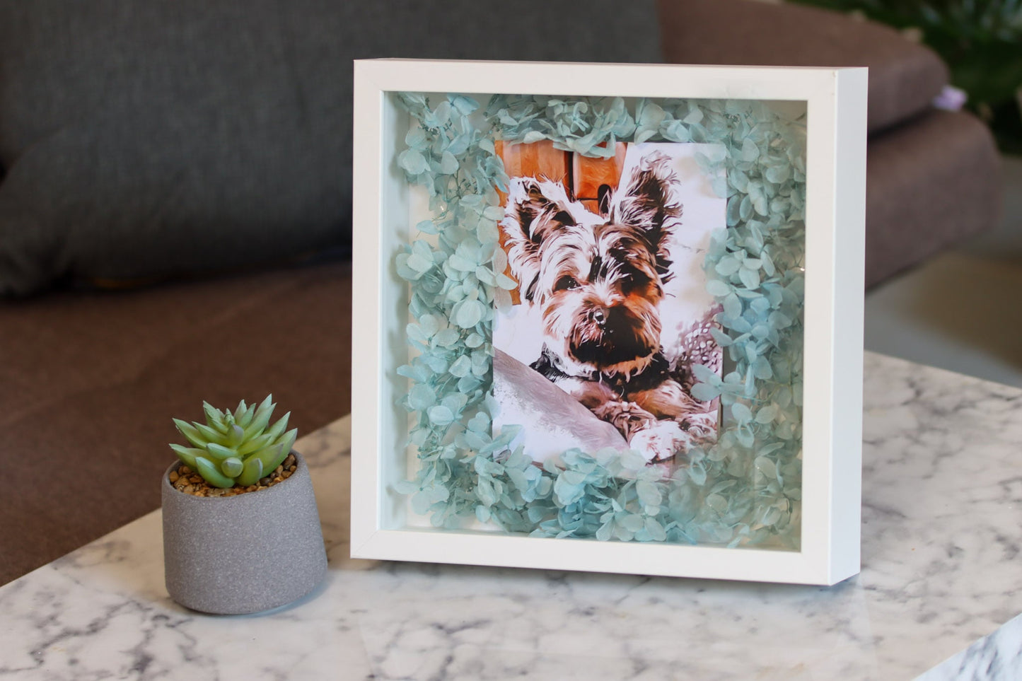 Bild Hund dog animal Acrylglas Glas Acryl animallover hydrangeas Hortensien Wunschbild Wunsch wish driedflowers Trockenblumen Tierbild Erinnerung memory Geschenkidee