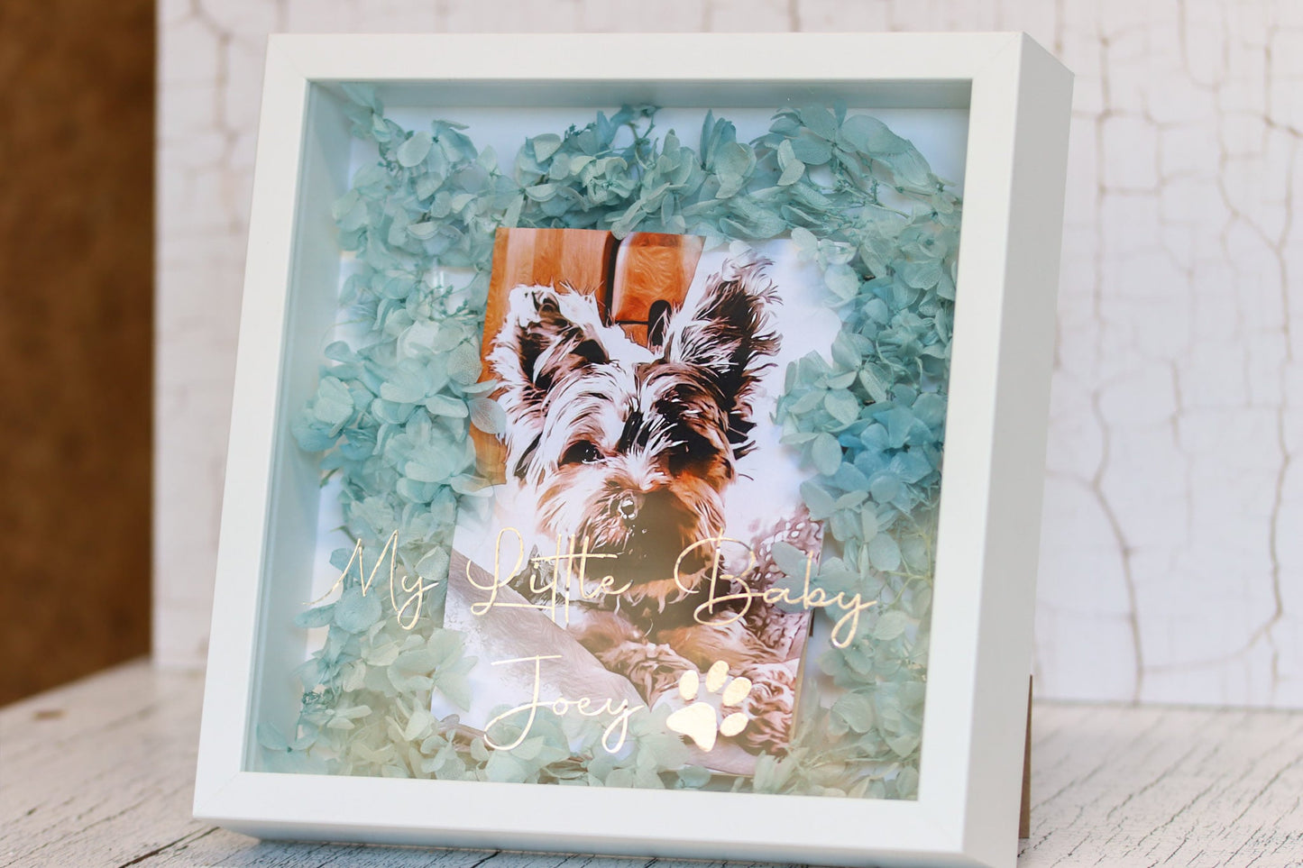 Bild Hund dog animal Acrylglas Glas Acryl animallover hydrangeas Hortensien Wunschbild Wunsch wish driedflowers Trockenblumen Tierbild Erinnerung memory Geschenkidee personalisiert Schrift Wunsch wish Wunschschrift Wunschtext Text personalized Personalisierung besonders