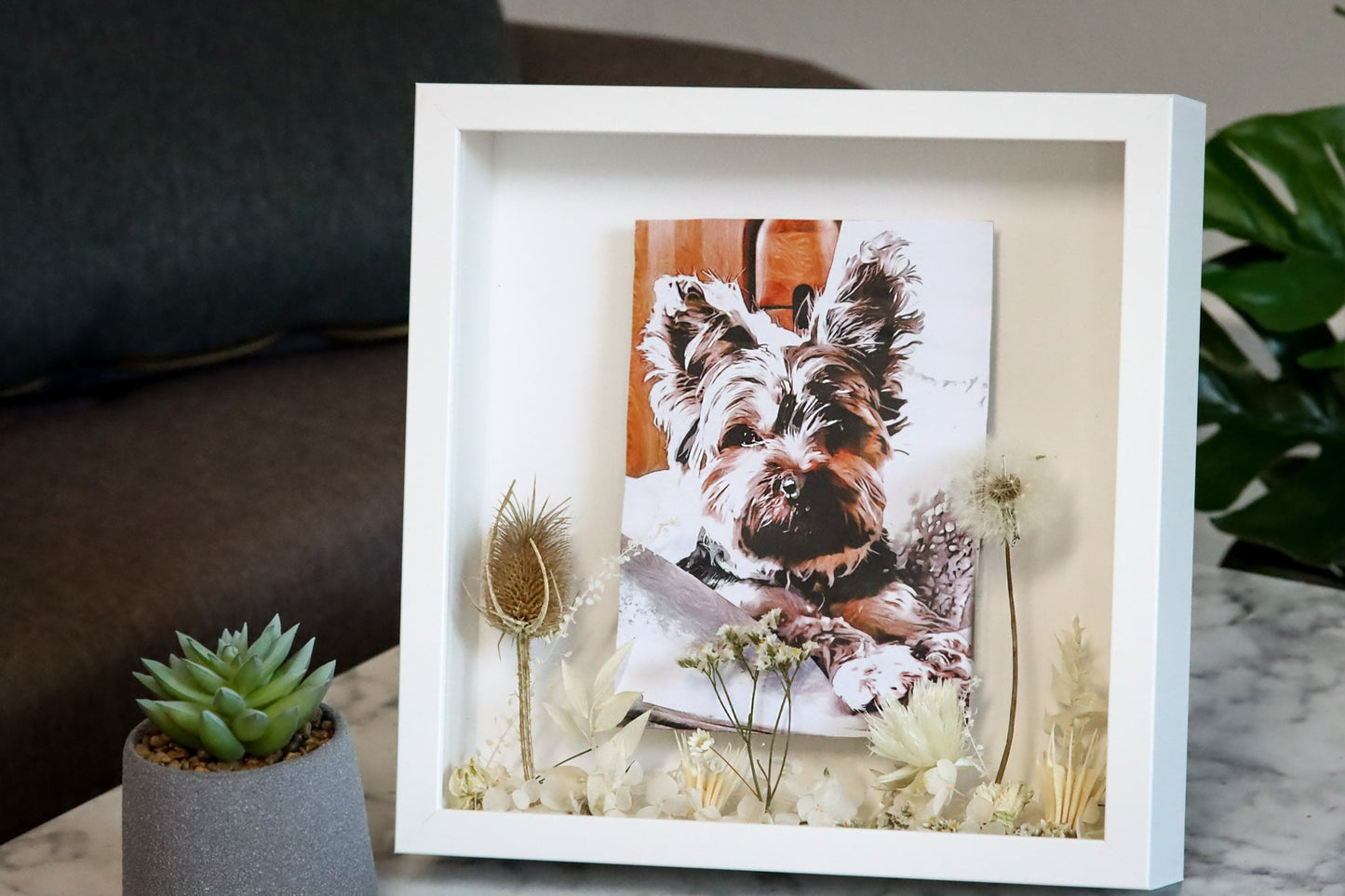 Bild Hund dog animal Acrylglas Glas Acryl animallover Wunschbild Wunsch wish driedflowers Trockenblumen Wildwiese Dandelion Pusteblume wildekarde meadow feld field Tierbild Erinnerung memory Geschenkidee